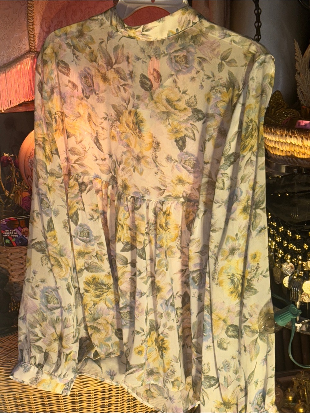 Altar’d State flowy boho Long-Sleeve Chiffon Blouse in Yellow & Green